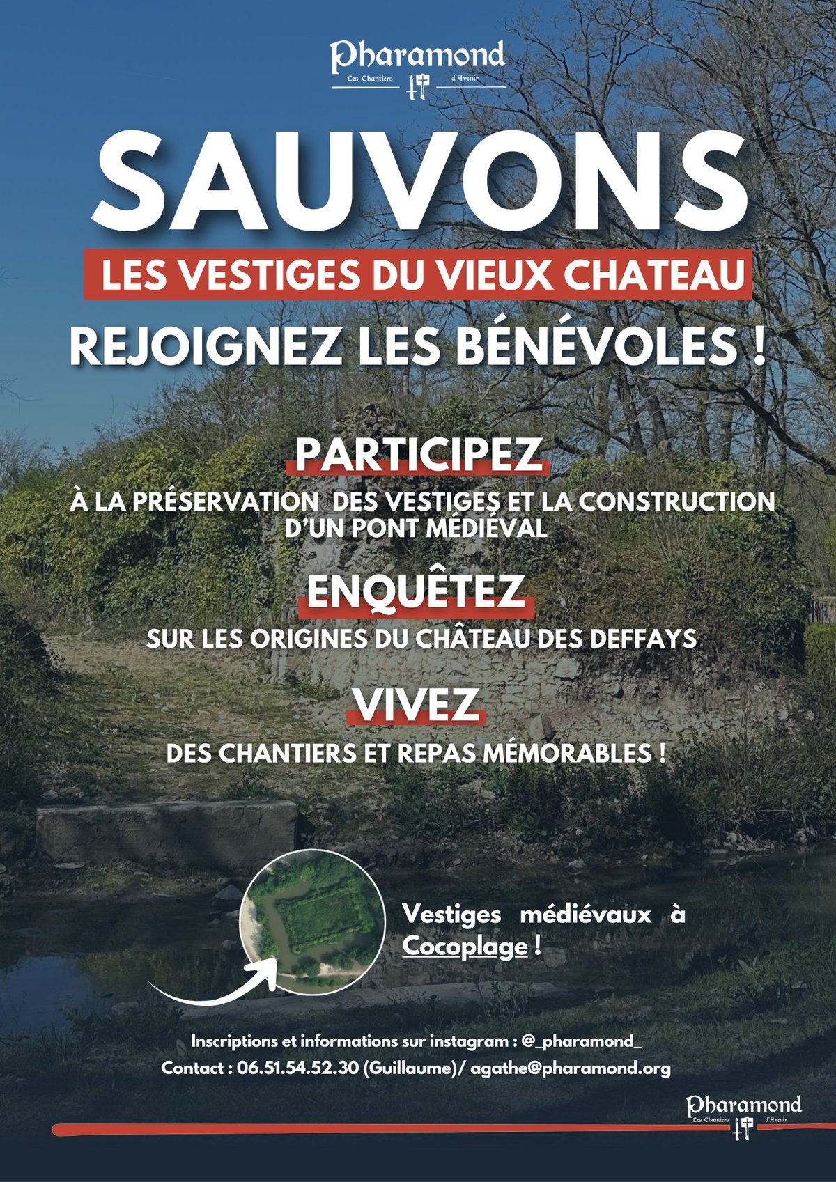 Affiche Pharamond — Sauvons les vestiges du Vieux Château, rejoignez les bénévoles
